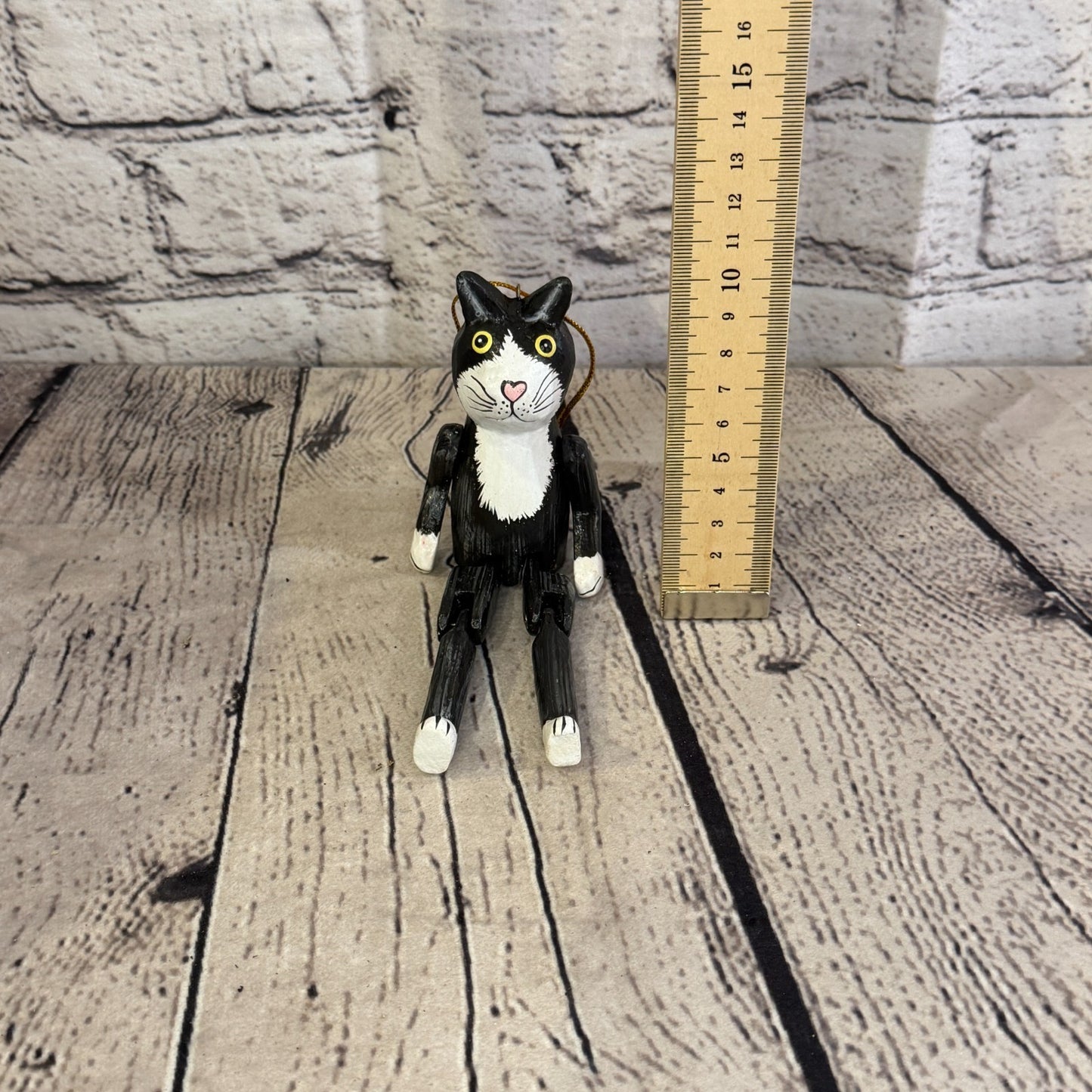10cm Black White Cat Sitting Animal, Wooden Shelf Ornament Handmade Fairtrade5
