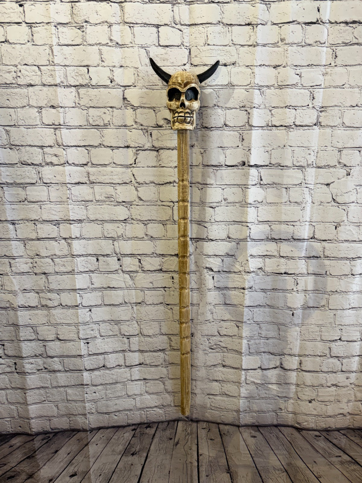 110cm Skeleton Skull With Horns Wood Stick Hand Carved Halloween Walking Staff2