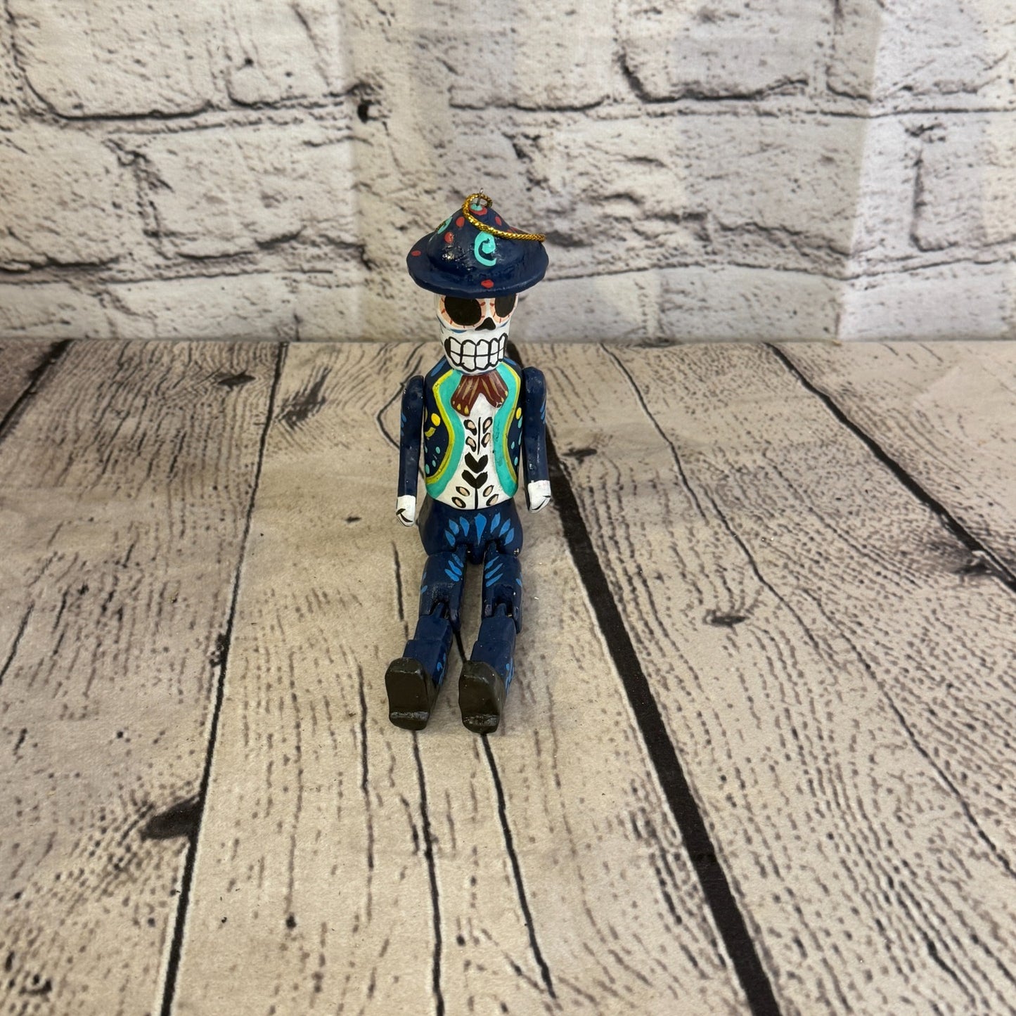 10cm Navy Day Of The Dead Man Sitting Animal, Wooden Shelf Ornament Fairtrade1