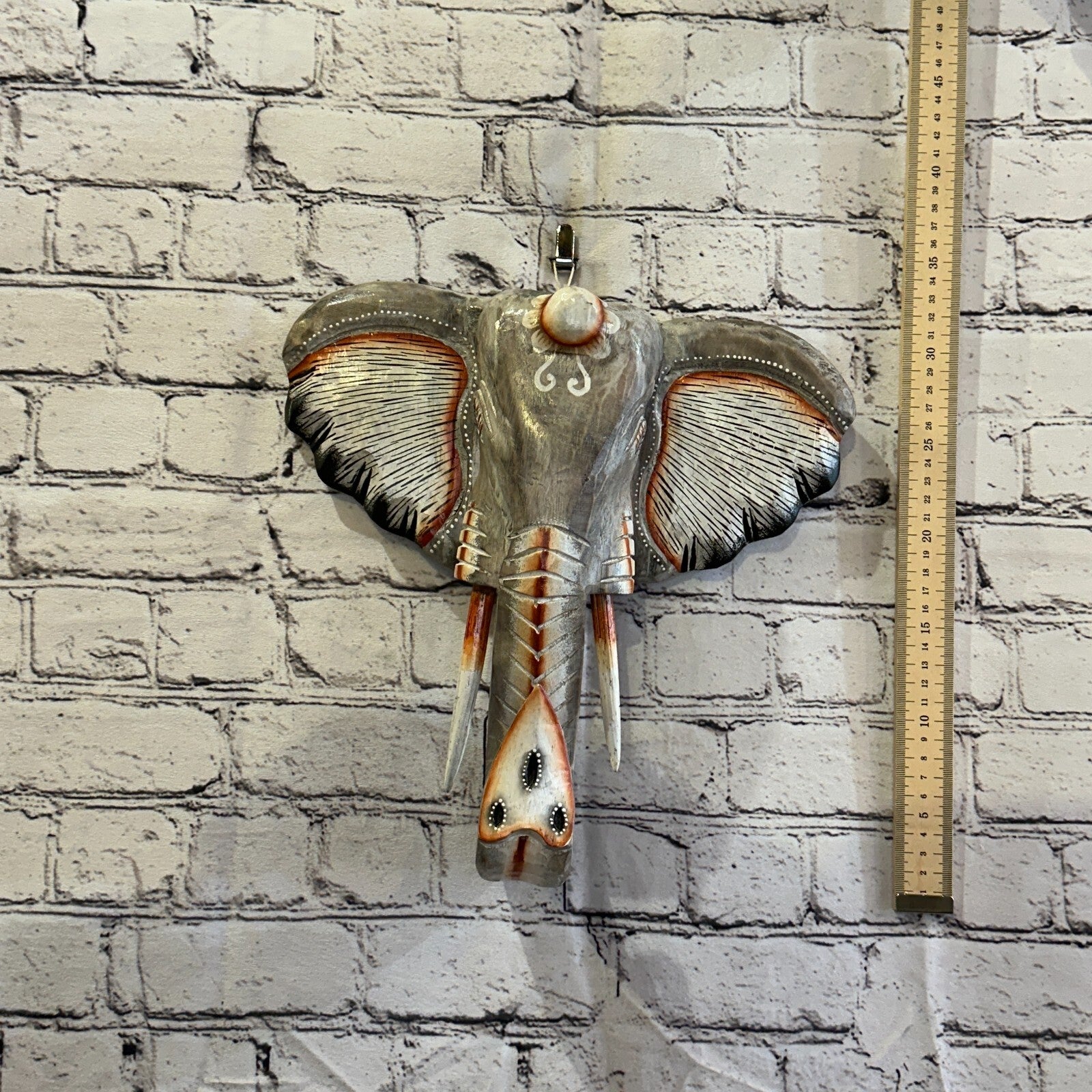 30cm x 30cm Grey Painted Wood Elephant Head Wall Mounted Art Large Shabby3