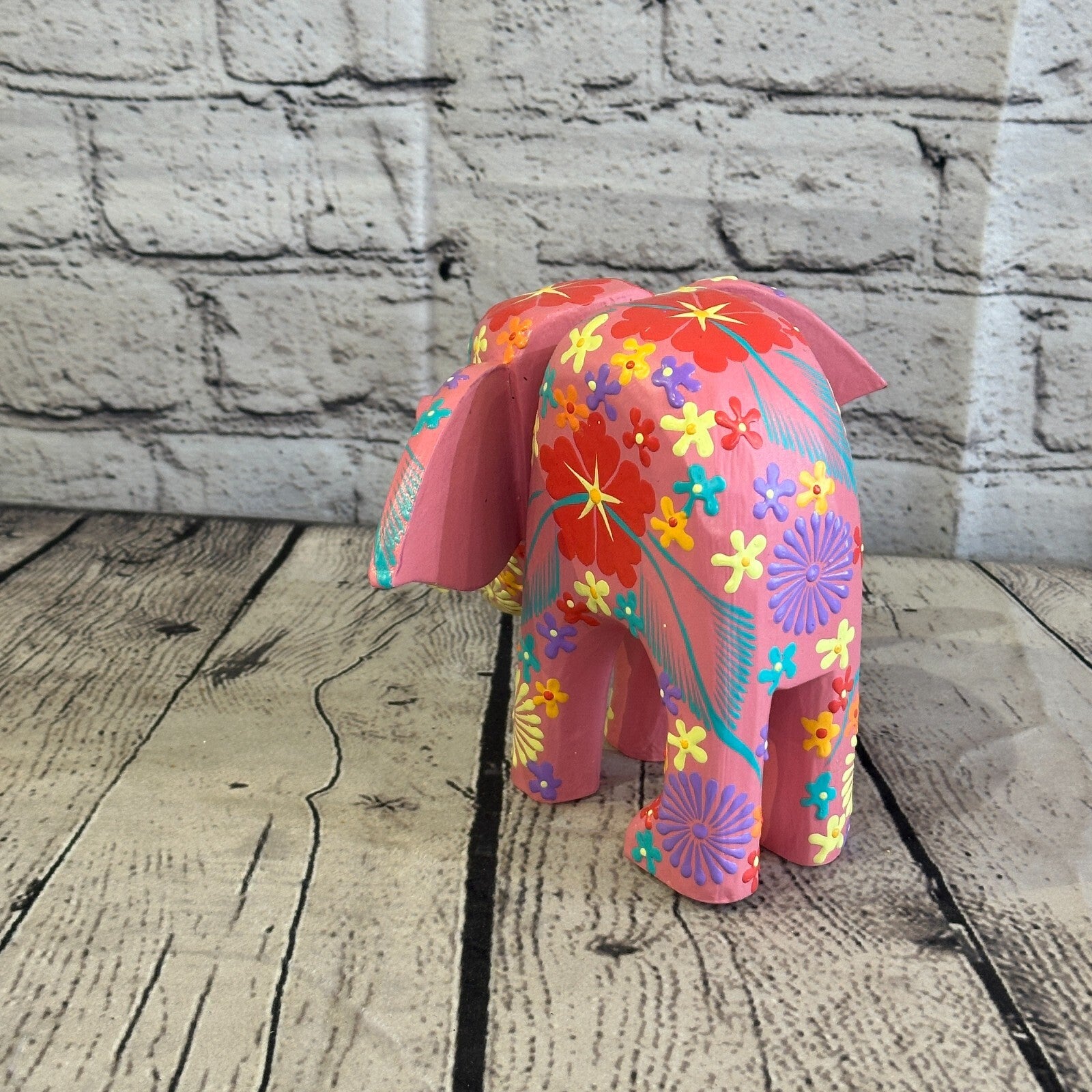 Pink Wooden Elephant With Flower Pattern 15cm x 18cm Handmade and Fairtrade4