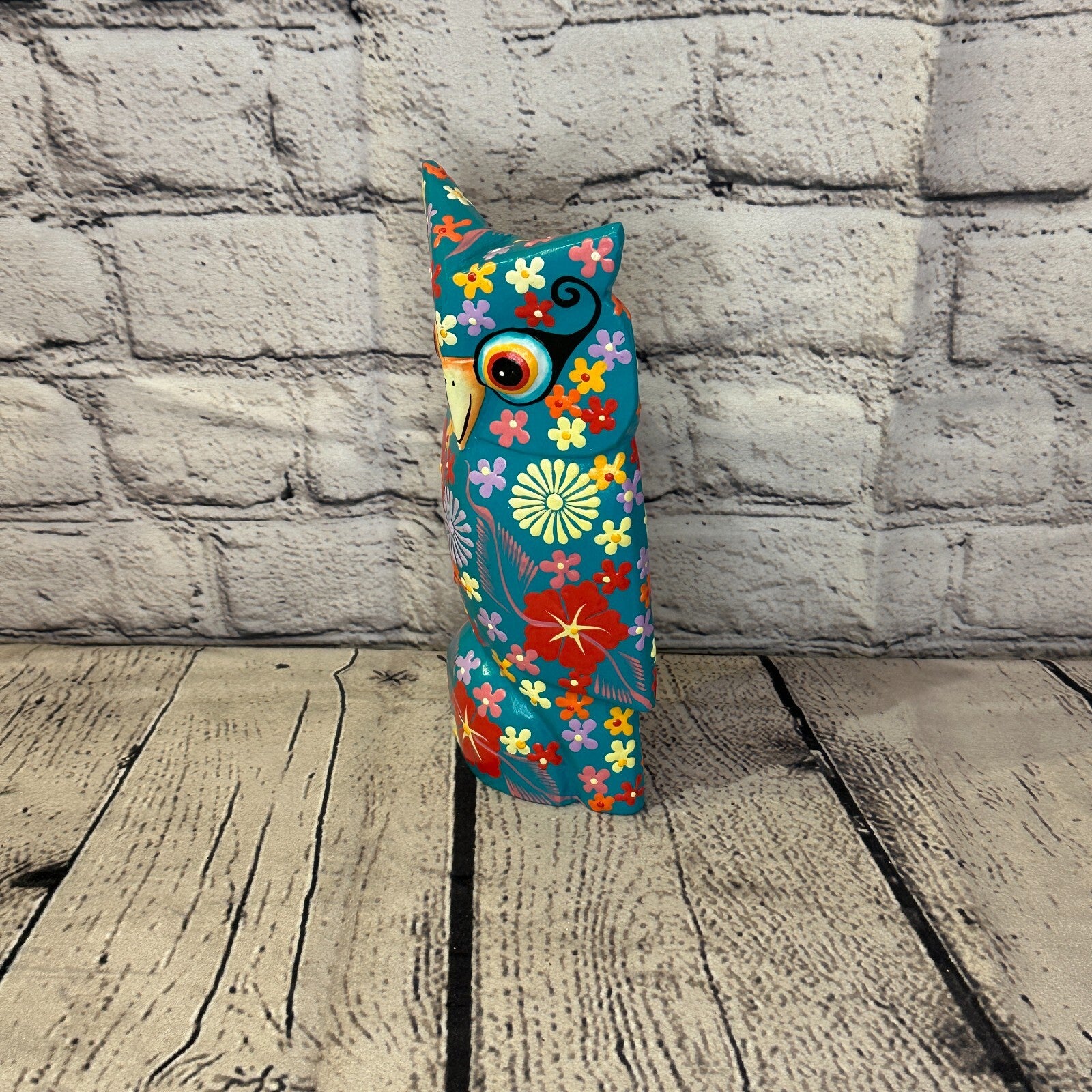 Blue Large Wooden Owl With Flower Pattern 20cm x 8cm Handmade and Fairtrade1