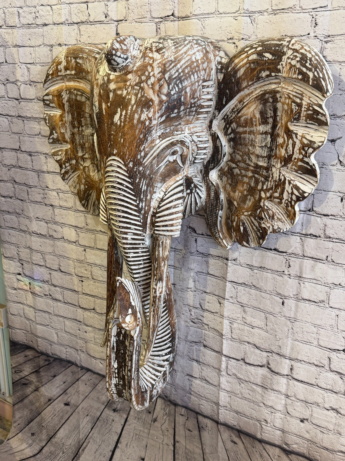 100cm x 80cm Brown Carved Wood Elephant Head Wall Mounted Art Large Shabby1