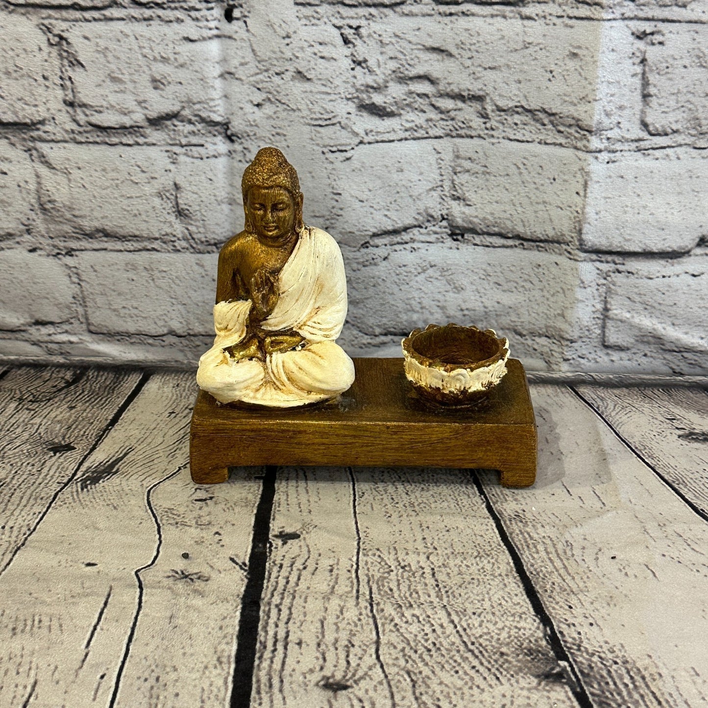 White & Bronze 15cm x 15cm Thai Buddha Tea Light Holder Statue Resin Hindu0