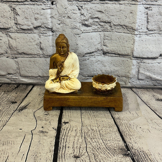White & Bronze 15cm x 15cm Thai Buddha Tea Light Holder Statue Resin Hindu0