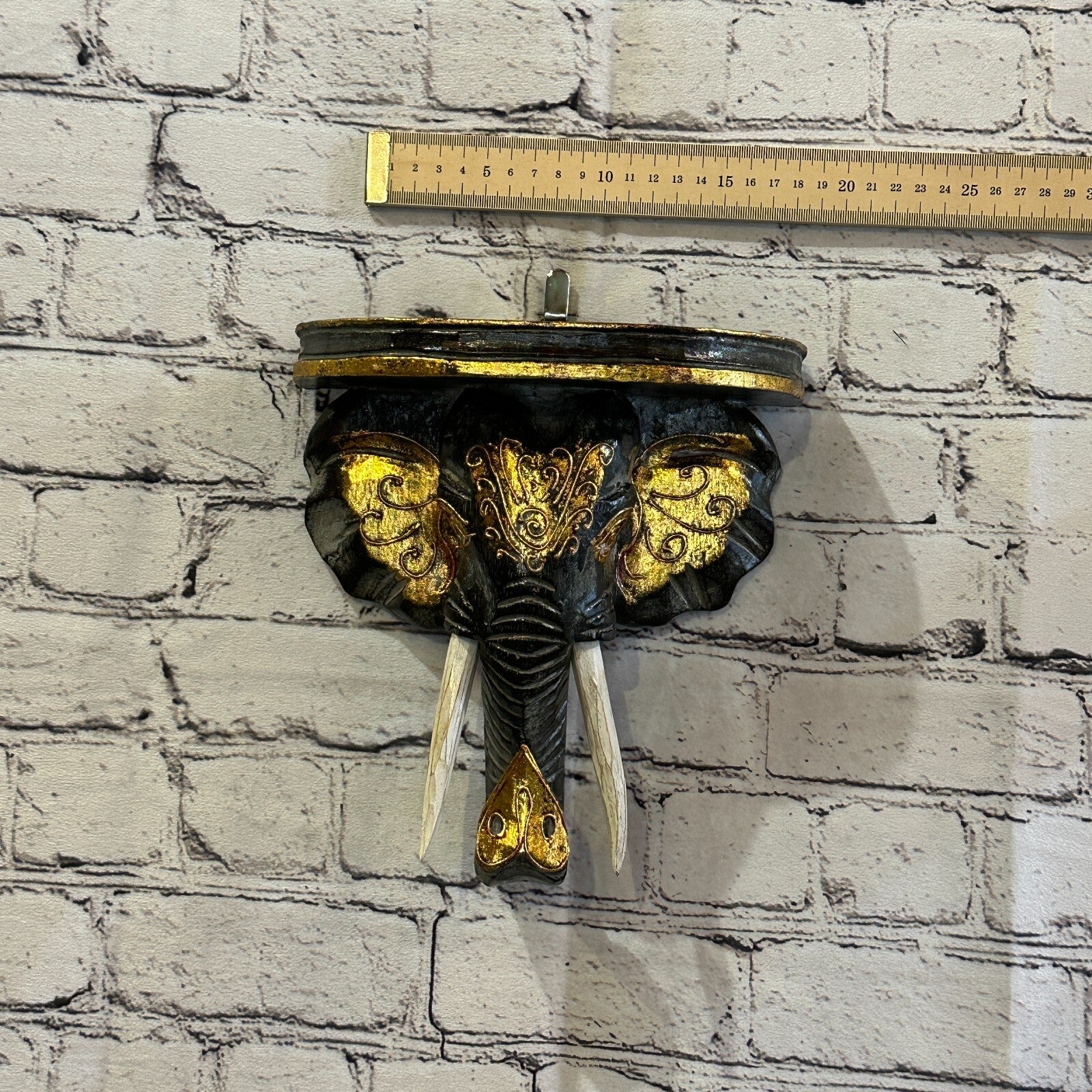 20cm x 20cm Black Gold Shelf Wood Elephant Head Wall Mounted Art Large Shabby4