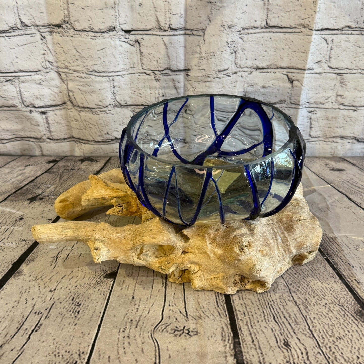 30cm Long Blue Streak Melted Glass Wood Decorative Bowl Glass Sculpture Crafted0