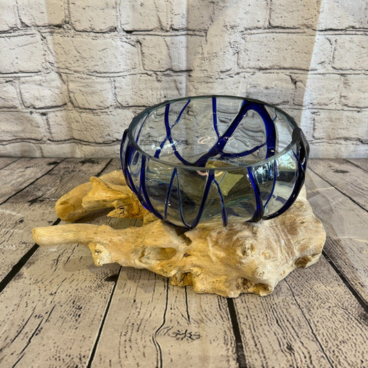 30cm Long Blue Streak Melted Glass Wood Decorative Bowl Glass Sculpture Crafted0