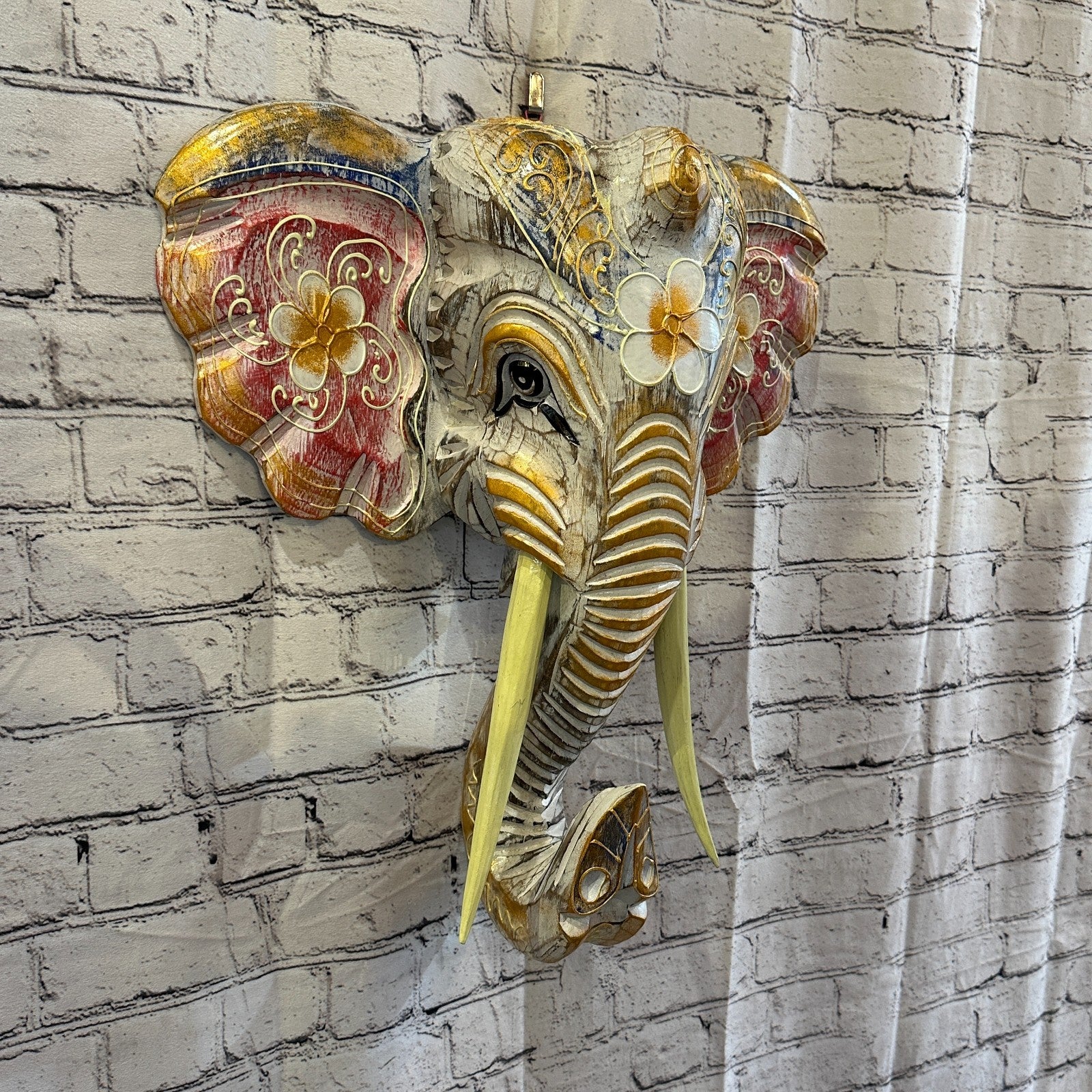 50cm x 45cm Pink Flower Painted Wood Elephant Head Wall Mounted Art Shabby0