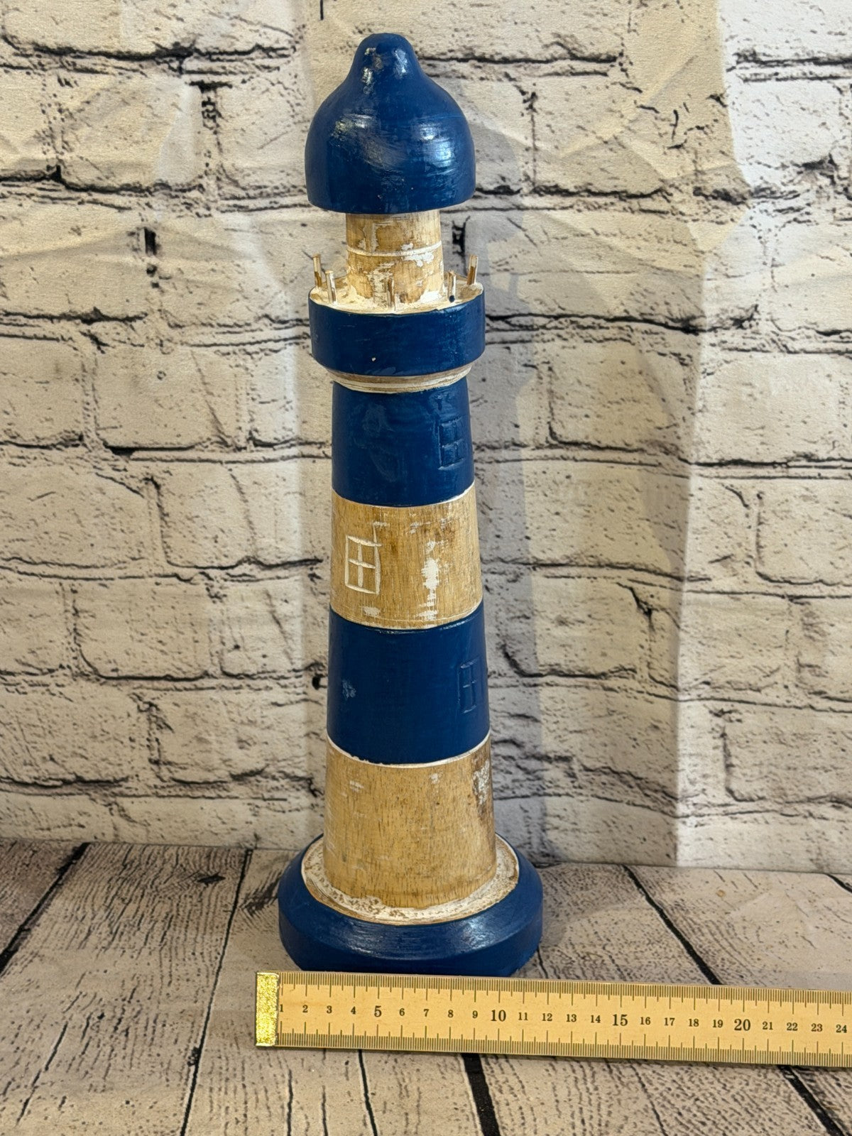 40cm Blue White Wooden Lighthouse Ornament Nautical Coastal Sculpture Statue4