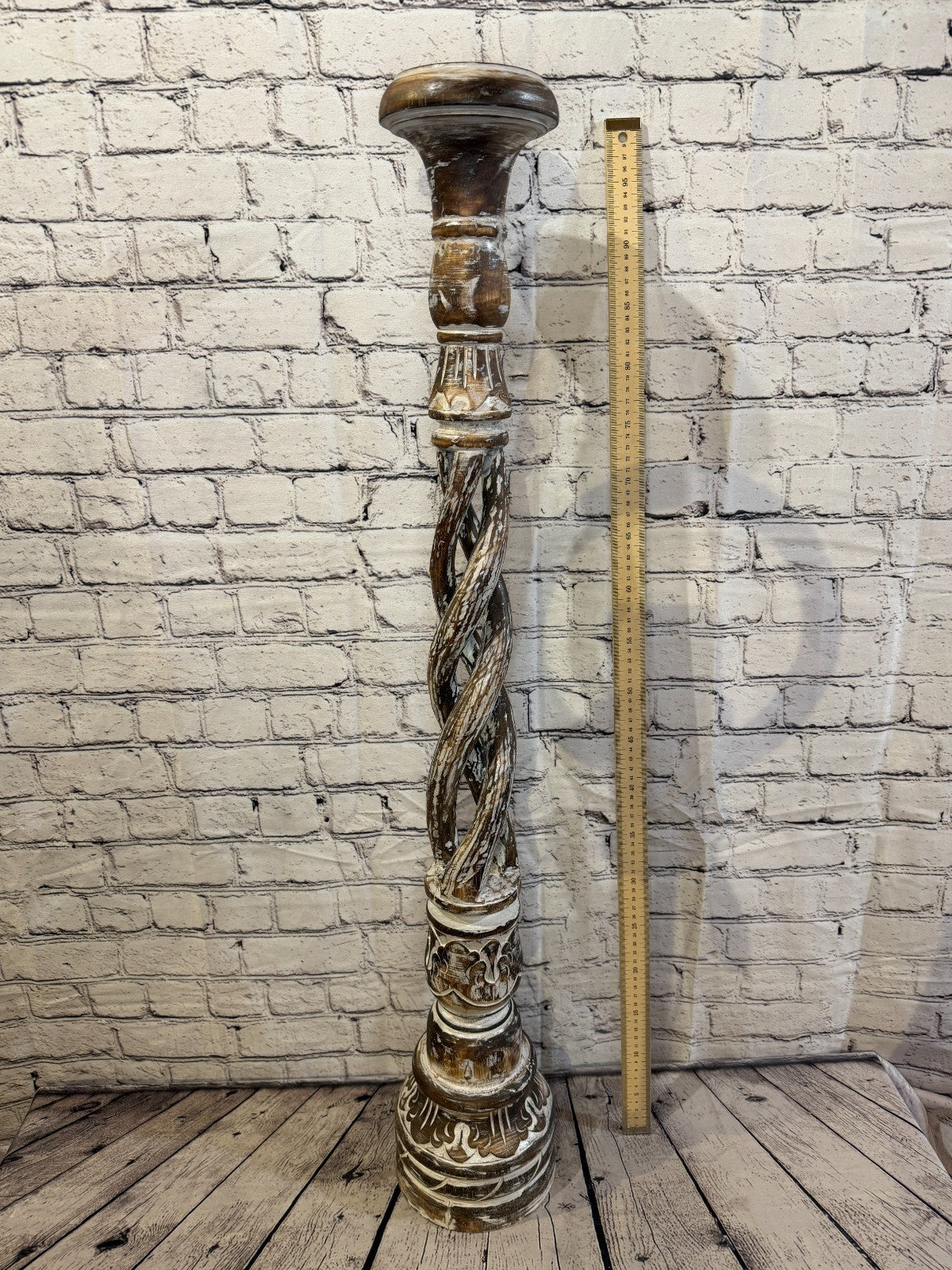 100cm x 18cm Brown Twist Wooden Vintage Style Candle Stand Shabby Pillar Holders3