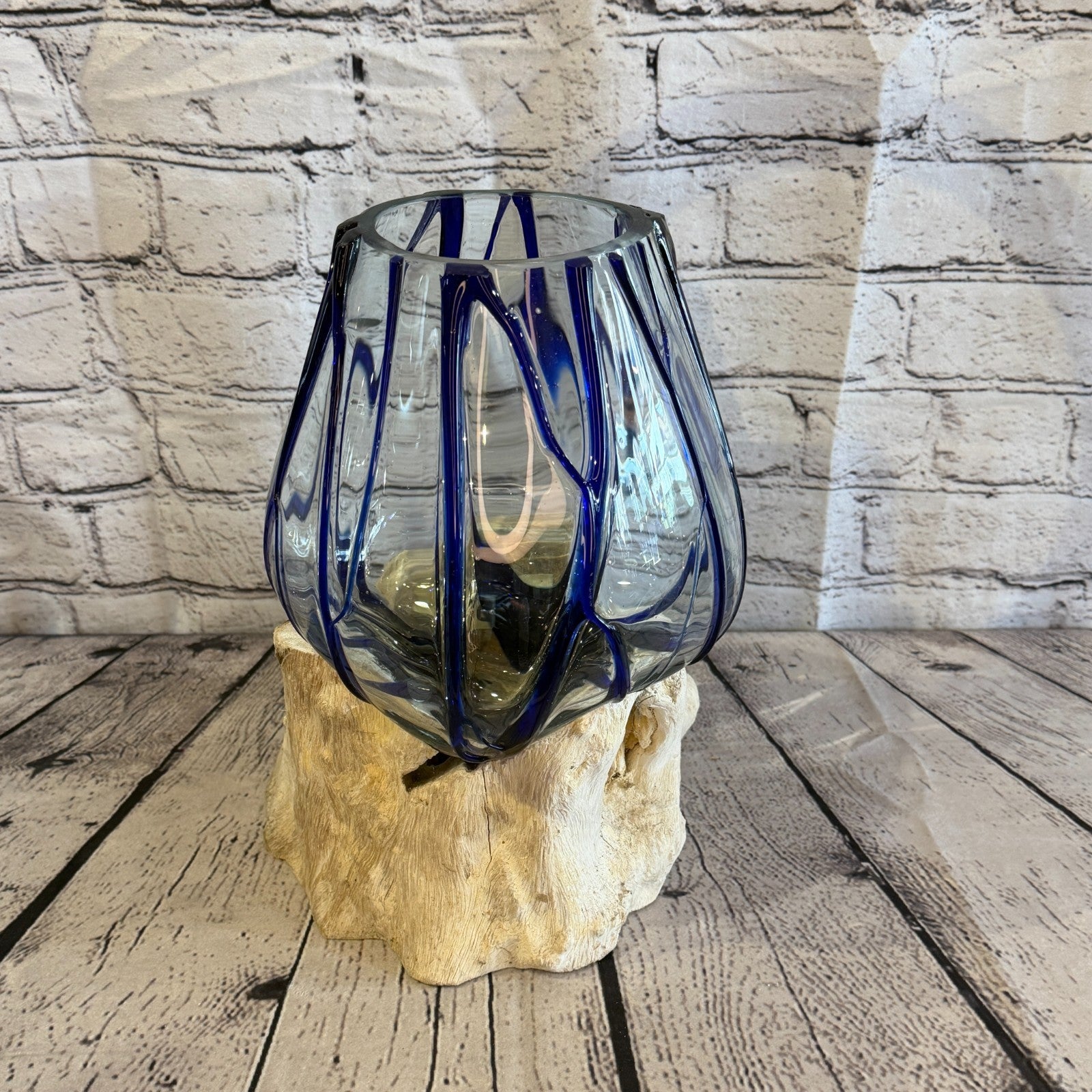 30cm Tall Blue Streak Melted Glass Wood Decorative Vase Glass Sculpture Crafted3