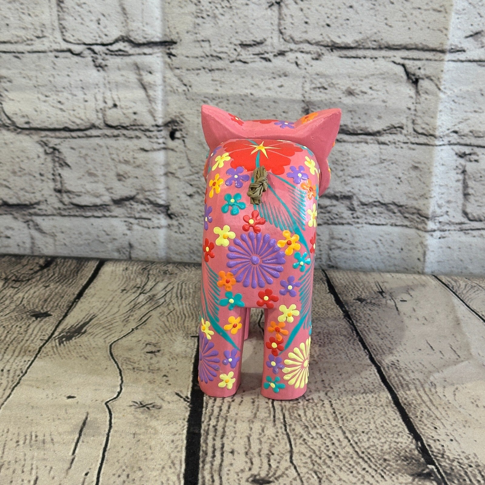 Pink Large Wooden Cat With Flower Pattern 15cm x 10cm Handmade and Fairtrade5