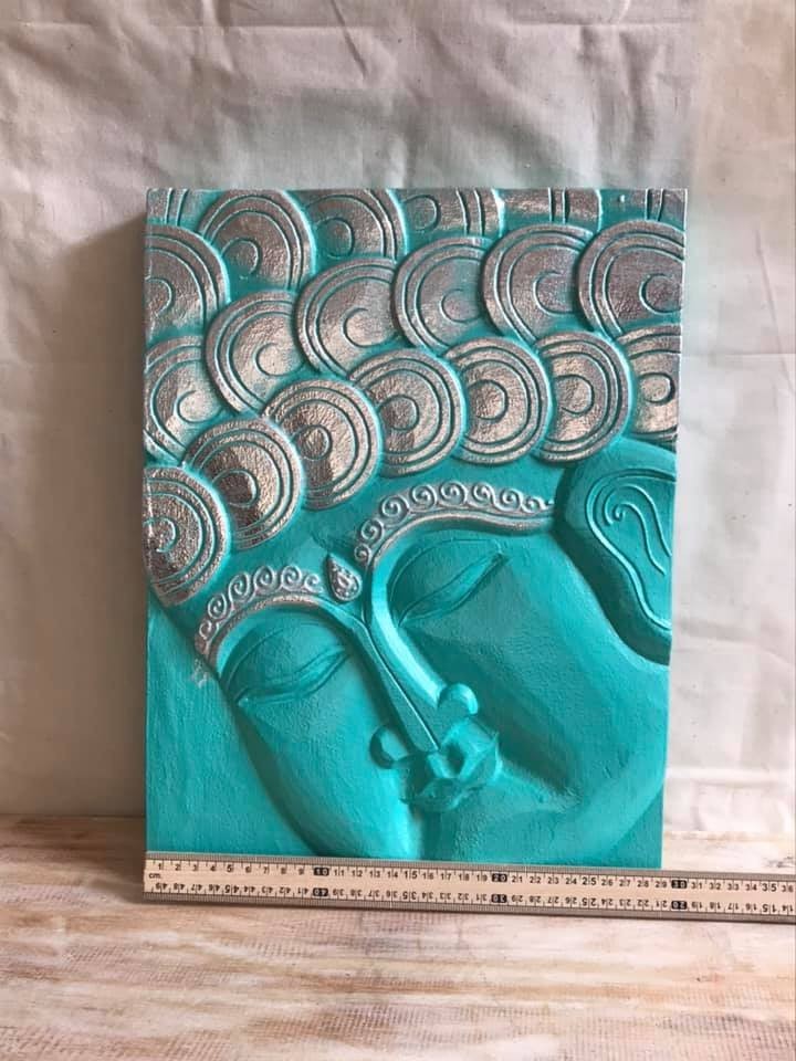 Wooden Wood Panel 40cm Teal Buddha Tall Lotus Wall Art Plaque Handcarved4