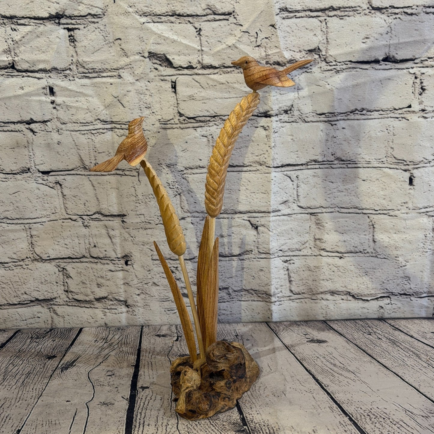 35cm 2 Birds On Wheat Reeds Stand Parasite Wood Ornament Natural Carving Wooden2