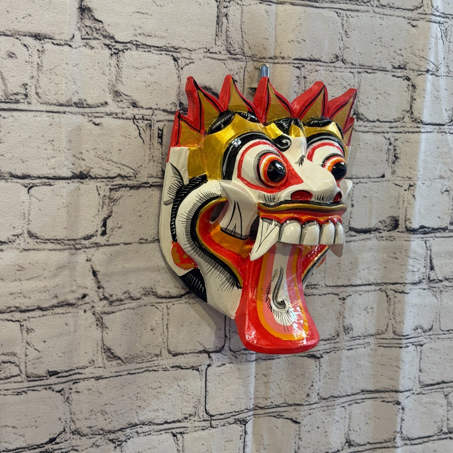 25cm Rangda Demon White Dragon Hindu Deity Wooden Hand Carved Mask Painted0