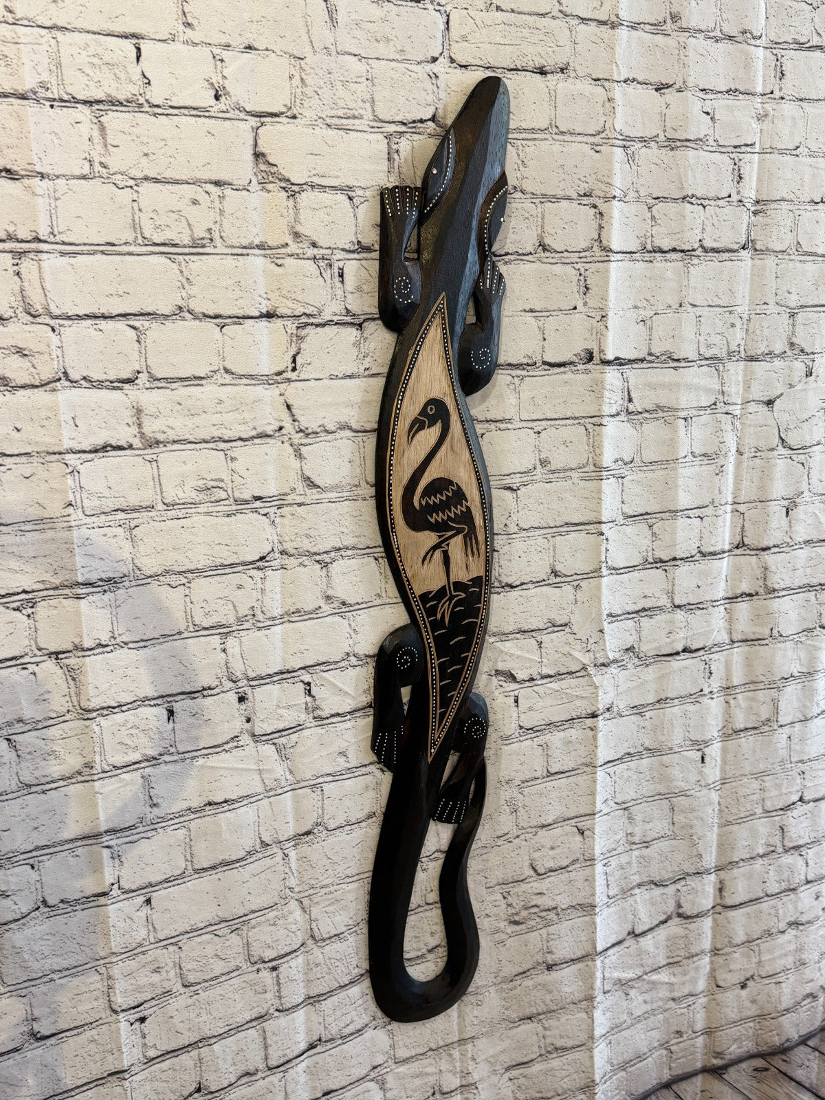 100cm Flamingo Gecko Carved Wooden Brown Work Painted Ethnic Tribal Tiki Art0