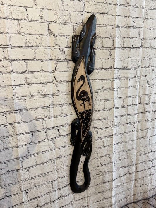 100cm Flamingo Gecko Carved Wooden Brown Work Painted Ethnic Tribal Tiki Art0