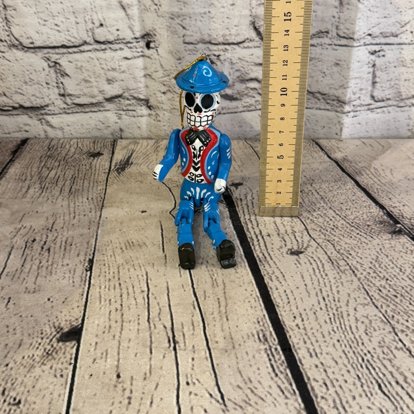 10cm Blue Day Of The Dead Man Sitting Animal, Wooden Shelf Ornament Fairtrade5