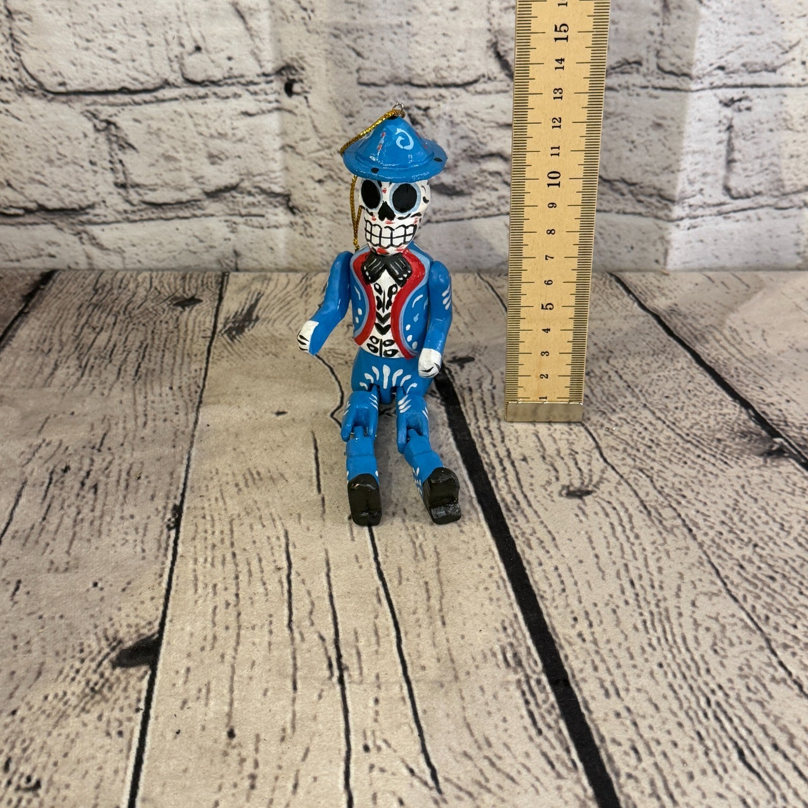10cm Blue Day Of The Dead Man Sitting Animal, Wooden Shelf Ornament Fairtrade5