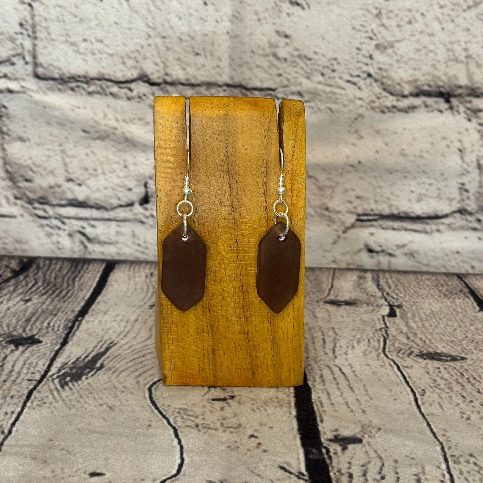 Brown Recycled Side With Silver Plate Dangle Drop Earrings Handmade UK Jewellery0