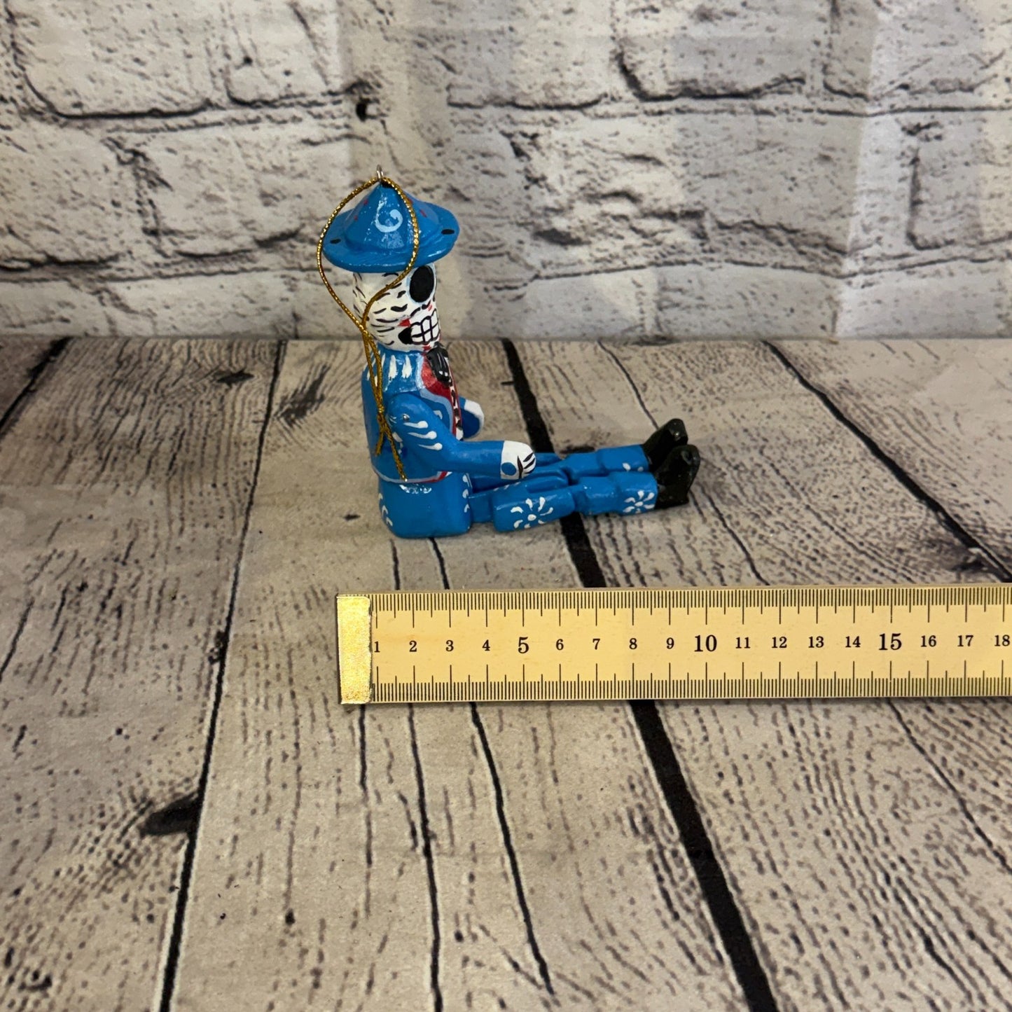 10cm Blue Day Of The Dead Man Sitting Animal, Wooden Shelf Ornament Fairtrade7