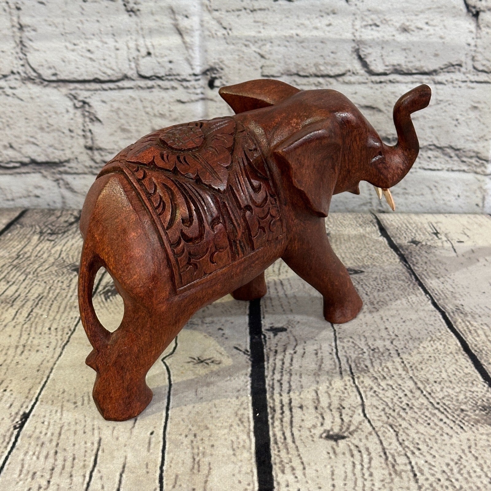 18cm x 12cm Carved Wooden Baby Elephant Wood Brown Sculpture Retro Handmade4