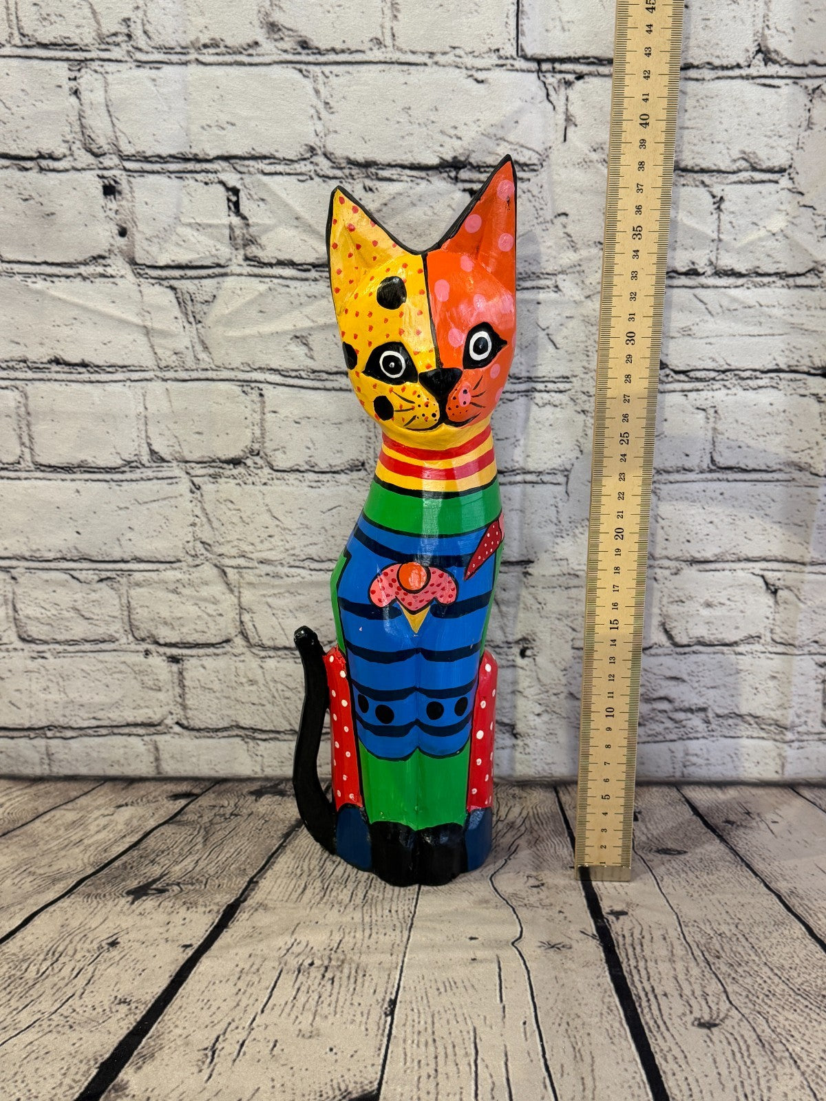 40cm Bright Mix Flower Wooden Shabby Cat Statue Ornament Fair Trade Handcarved5