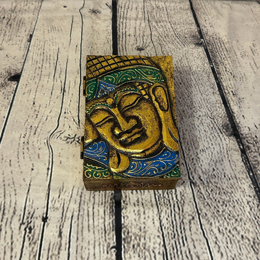 Bright Gold Thai Buddha Head 10cm x 15cm x 5cm Wooden Box Trinket Handmade0