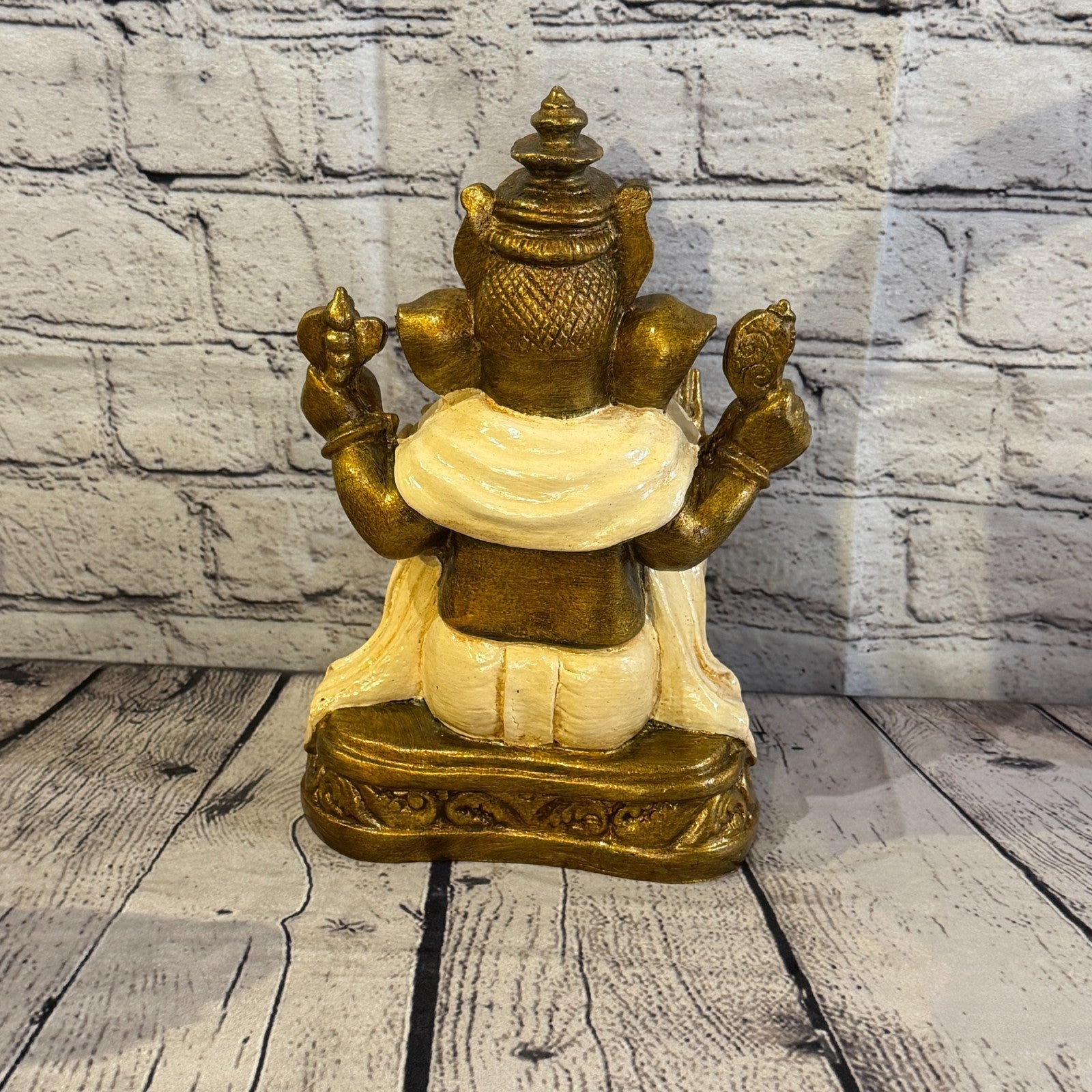 Cream & Bronze 25cm Large Ganesh Ganesa Sitting On Lotus Statue Resin Hindu4
