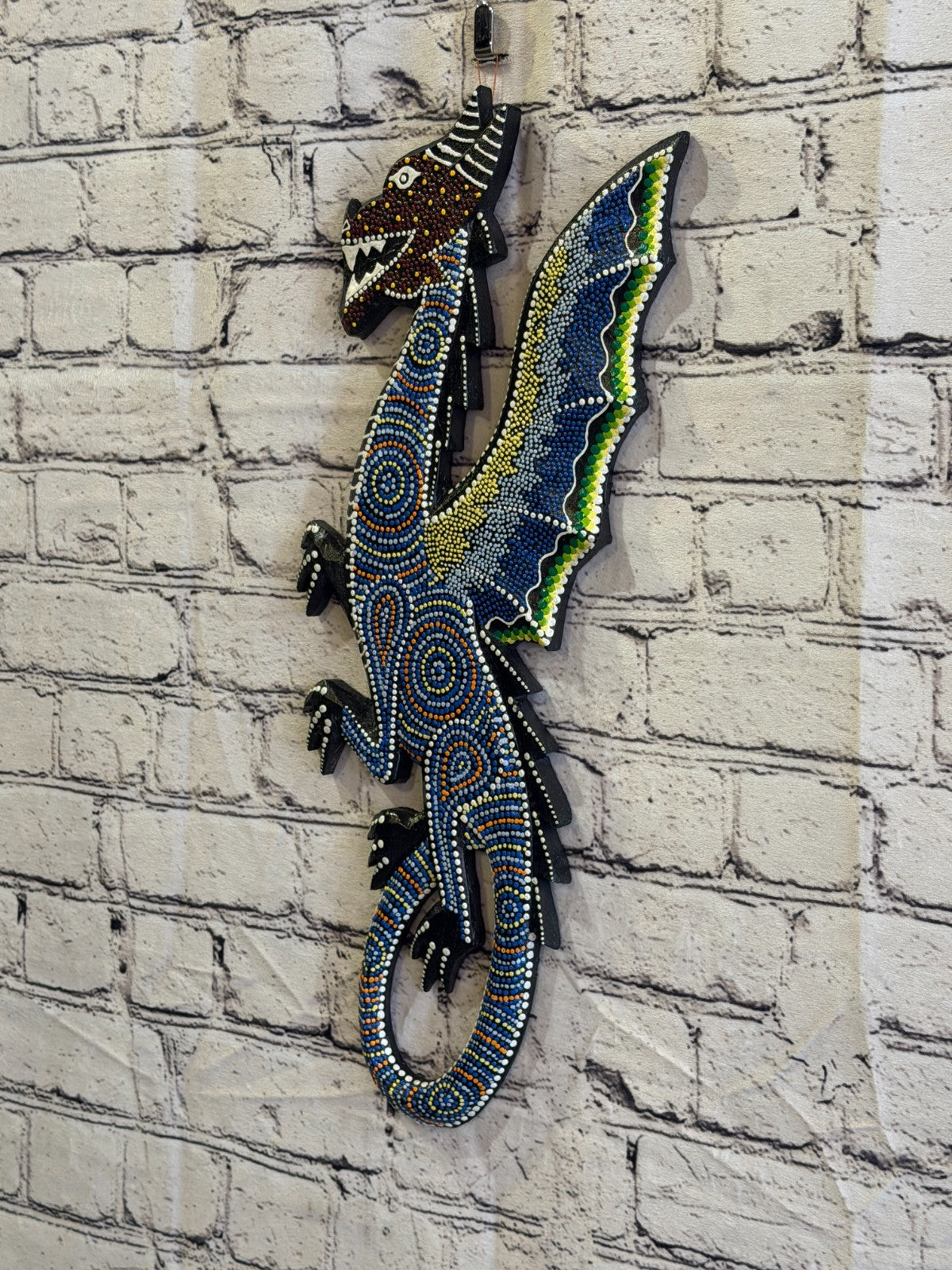 45cm Dragon Carved Wooden Dot Painted Ethnic Tribal Tiki Wall Art No 21