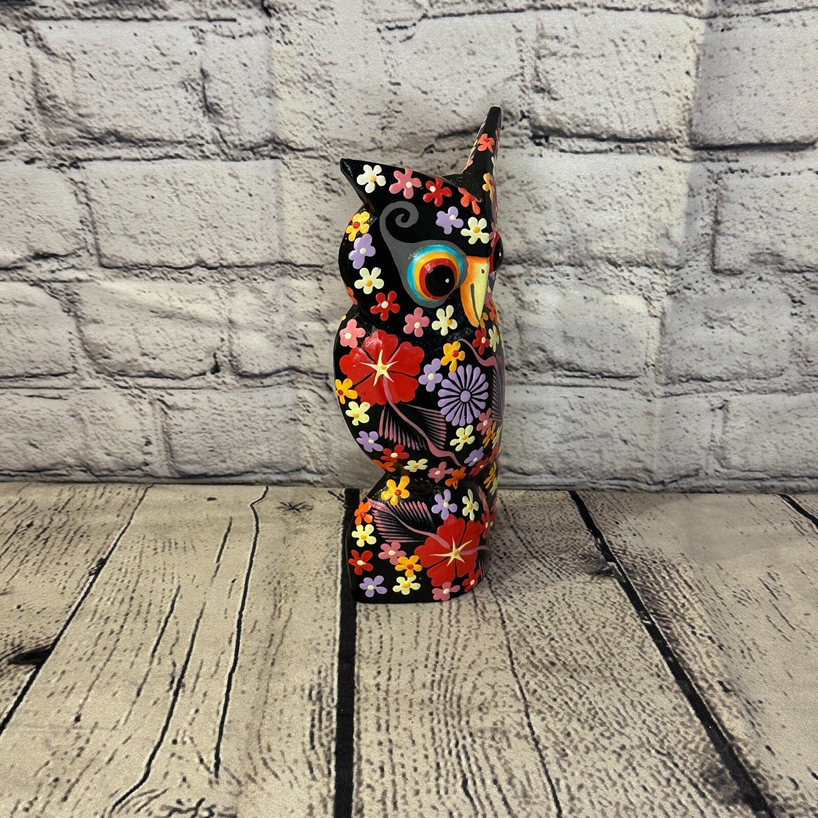 Black Large Wooden Owl With Flower Pattern 20cm x 8cm Handmade and Fairtrade2