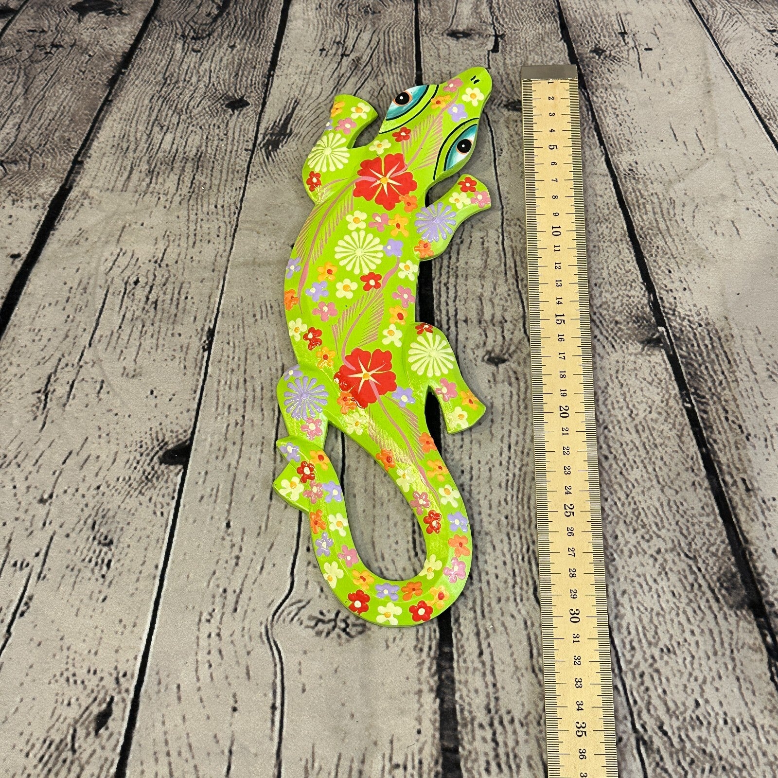 30cm Gecko Lizard Green Flower Wood Wall Hanging Wooden Ornaments Carving4