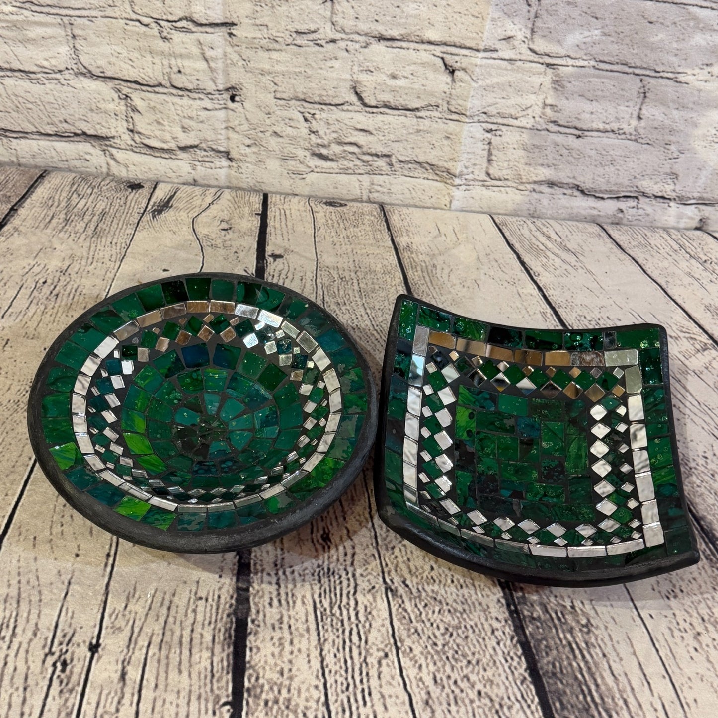 25cm Green Square Mirror Mosaic Handmade Ceramic Glass Tile Bowl Fruit5