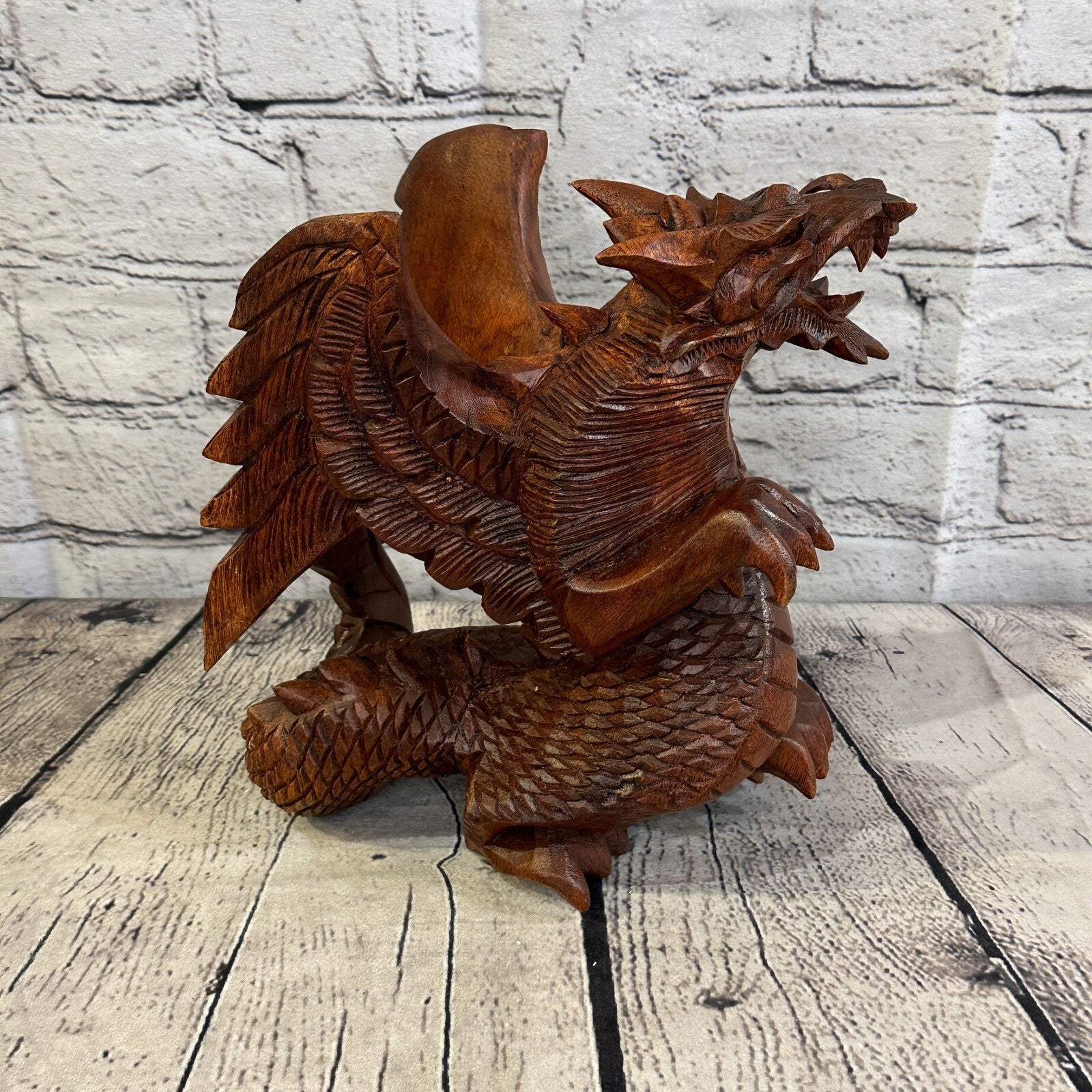 20cm x 20cm Dark Wooden Standing Dragon Carving Hand Carved Wing Back Dragon4