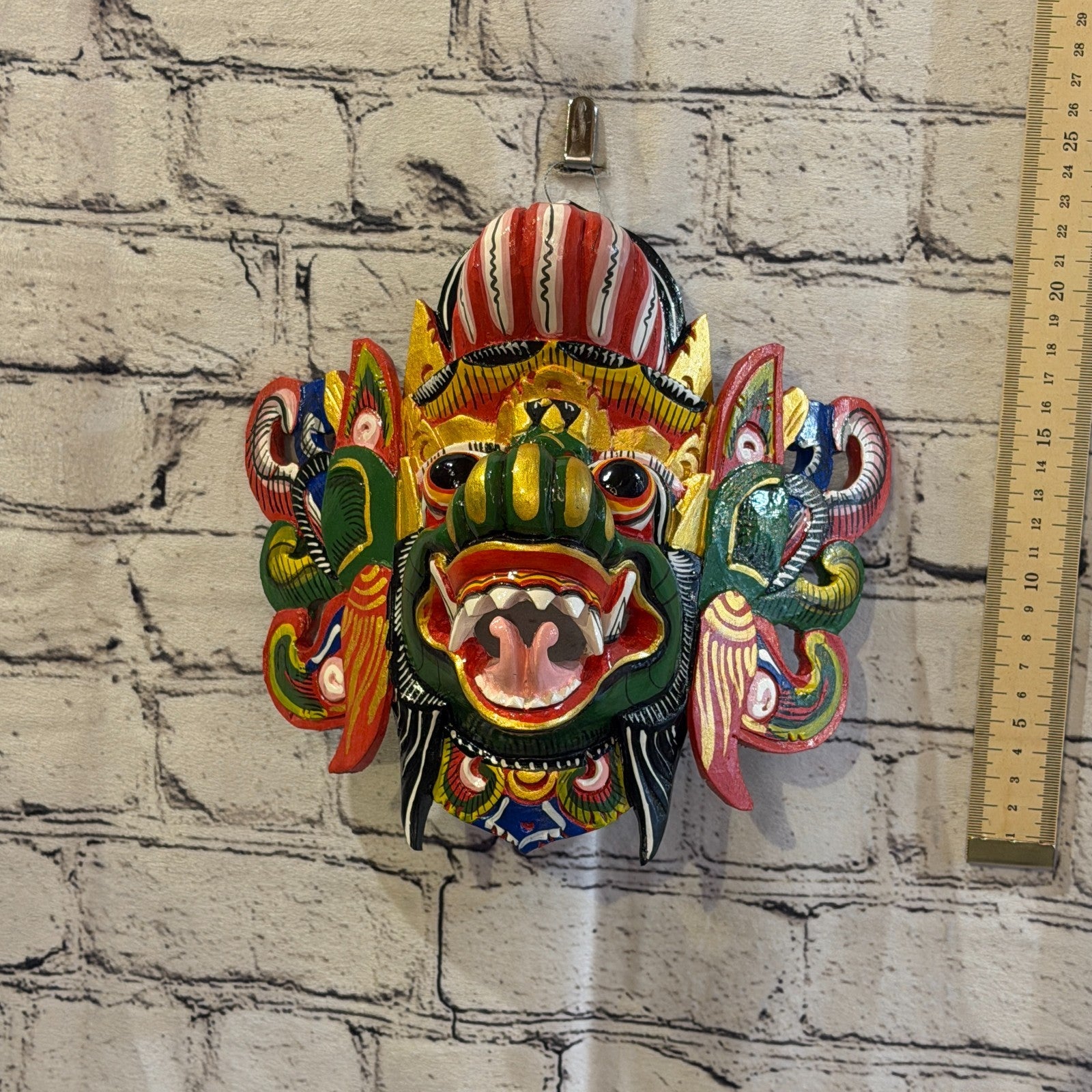 20cm Barong Wide Green Demon Dragon Hindu Deity Wooden Hand Carved Mask Painted5
