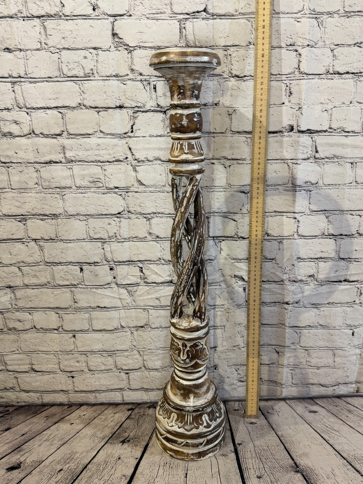 80cm x 18cm Brown Twist Wooden Vintage Style Candle Stand Shabby Pillar Holders3