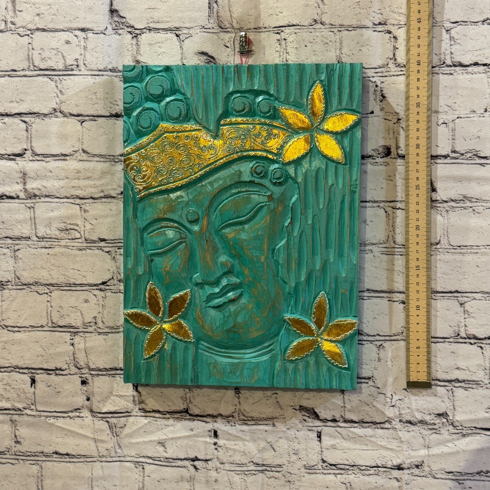 Wooden Wood Panel 40cm Gold Teal Buddha Flower Wall Art Plaque Handcarved4