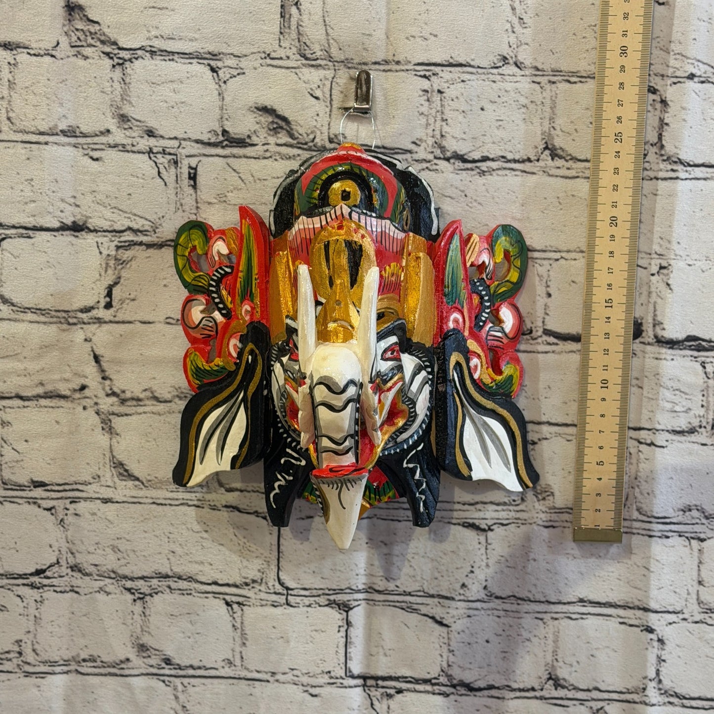 25cm Ganash Ganesha White Elephant Hindu Deity Wooden Hand Carved Mask Painted9