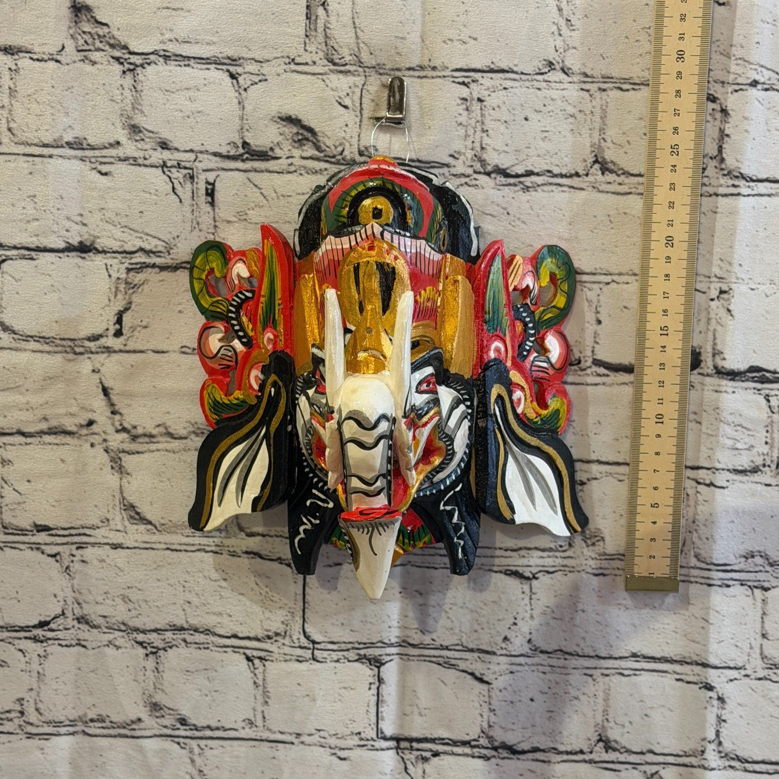 25cm Ganash Ganesha White Elephant Hindu Deity Wooden Hand Carved Mask Painted9
