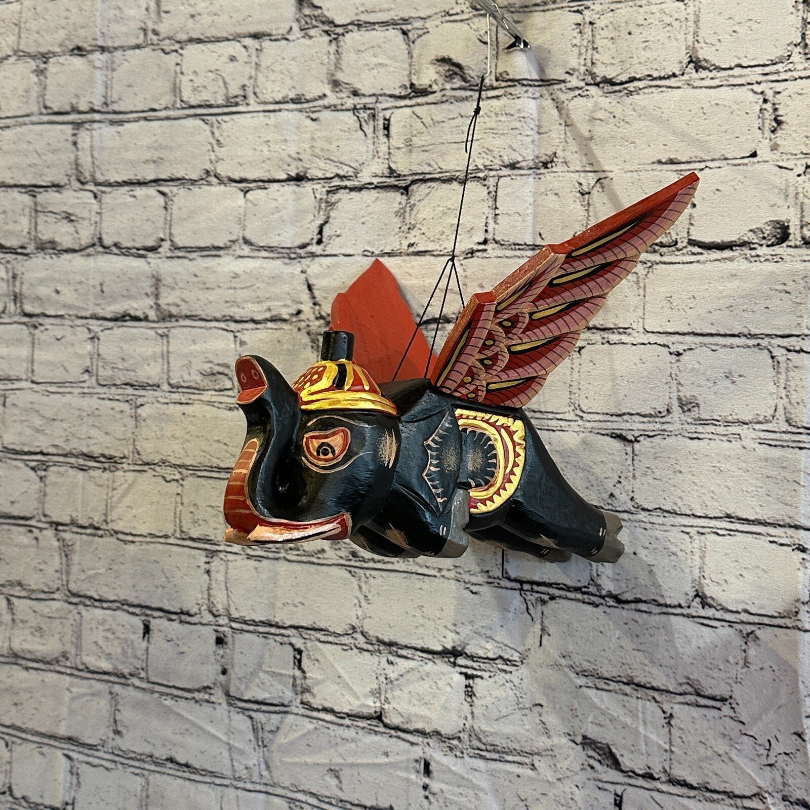 Black Elephant Folk Art Carved Wood Flying Winged Mobile Spirit Chaser Guardian0