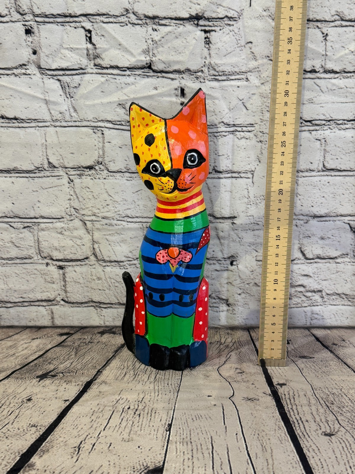 30cm Bright Mix Flower Wooden Shabby Cat Statue Ornament Fair Trade Handcarved5
