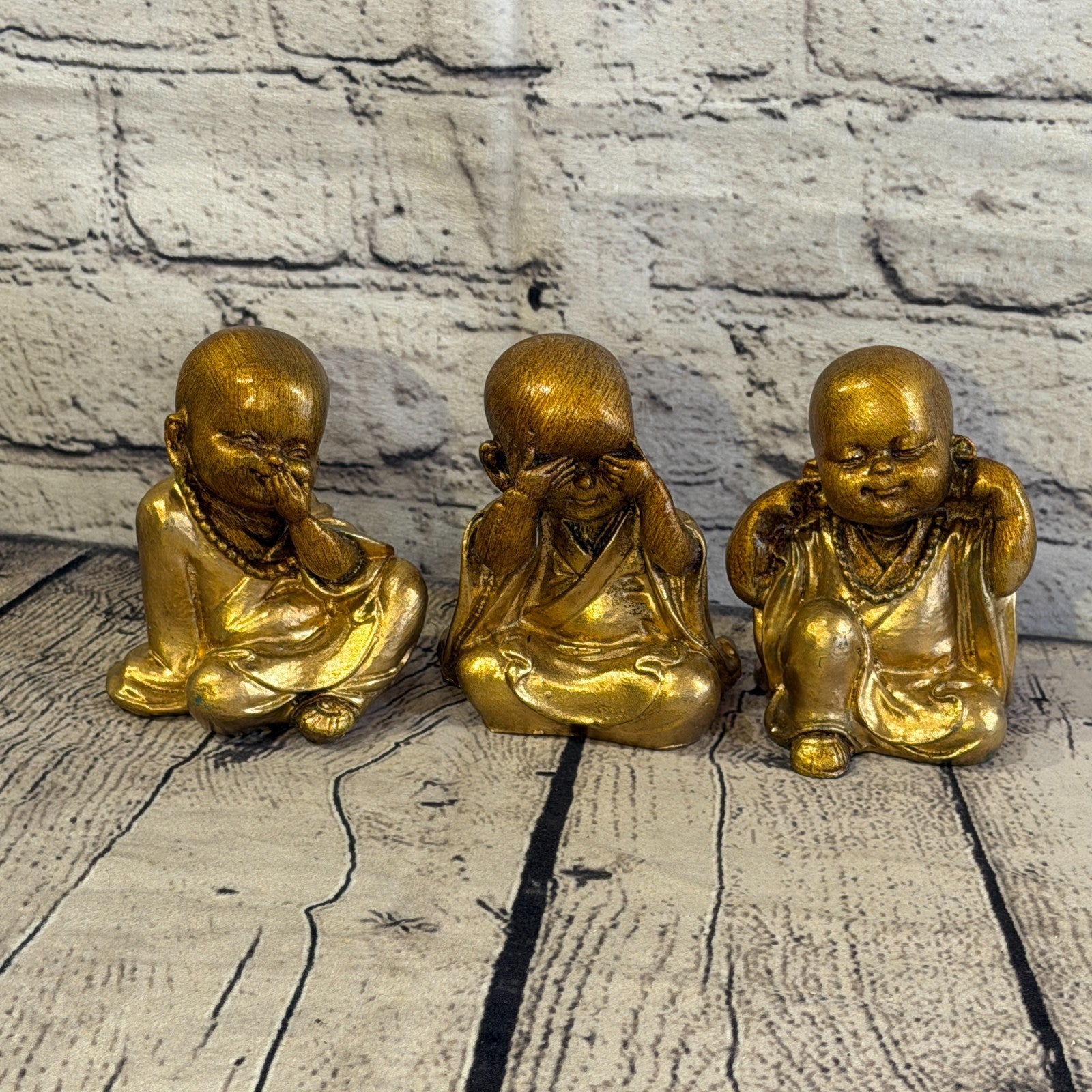 Bronze 10cm Set Of 3 Wise Buddha Monks Sitting On Seat Statue Resin Hindu0
