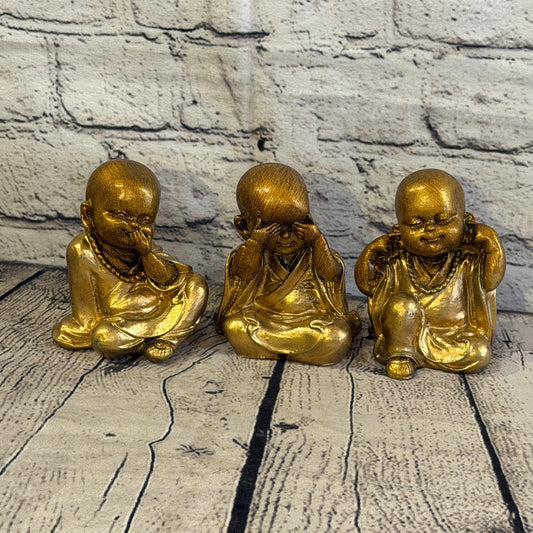 Bronze 10cm Set Of 3 Wise Buddha Monks Sitting On Seat Statue Resin Hindu0