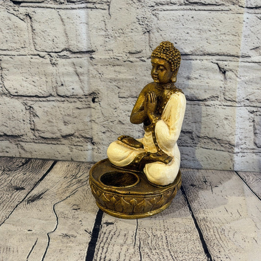 White & Bronze 20cm x 10cm Thai Buddha Tea Light Holder Statue Resin Hindu0
