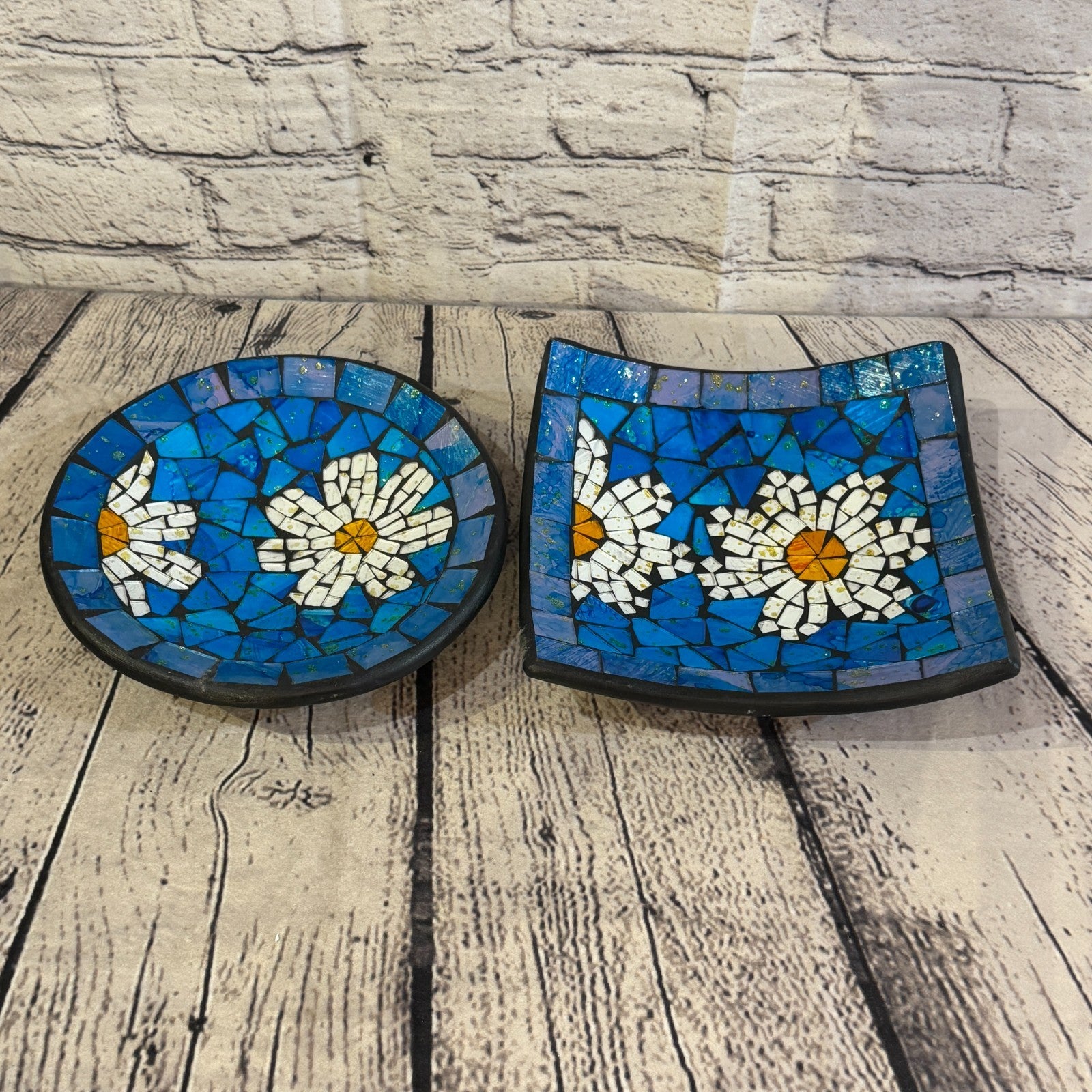 20cm Blue Daisy Flower Square Mosaic Handmade Ceramic Glass Tile Bowl Fruit5