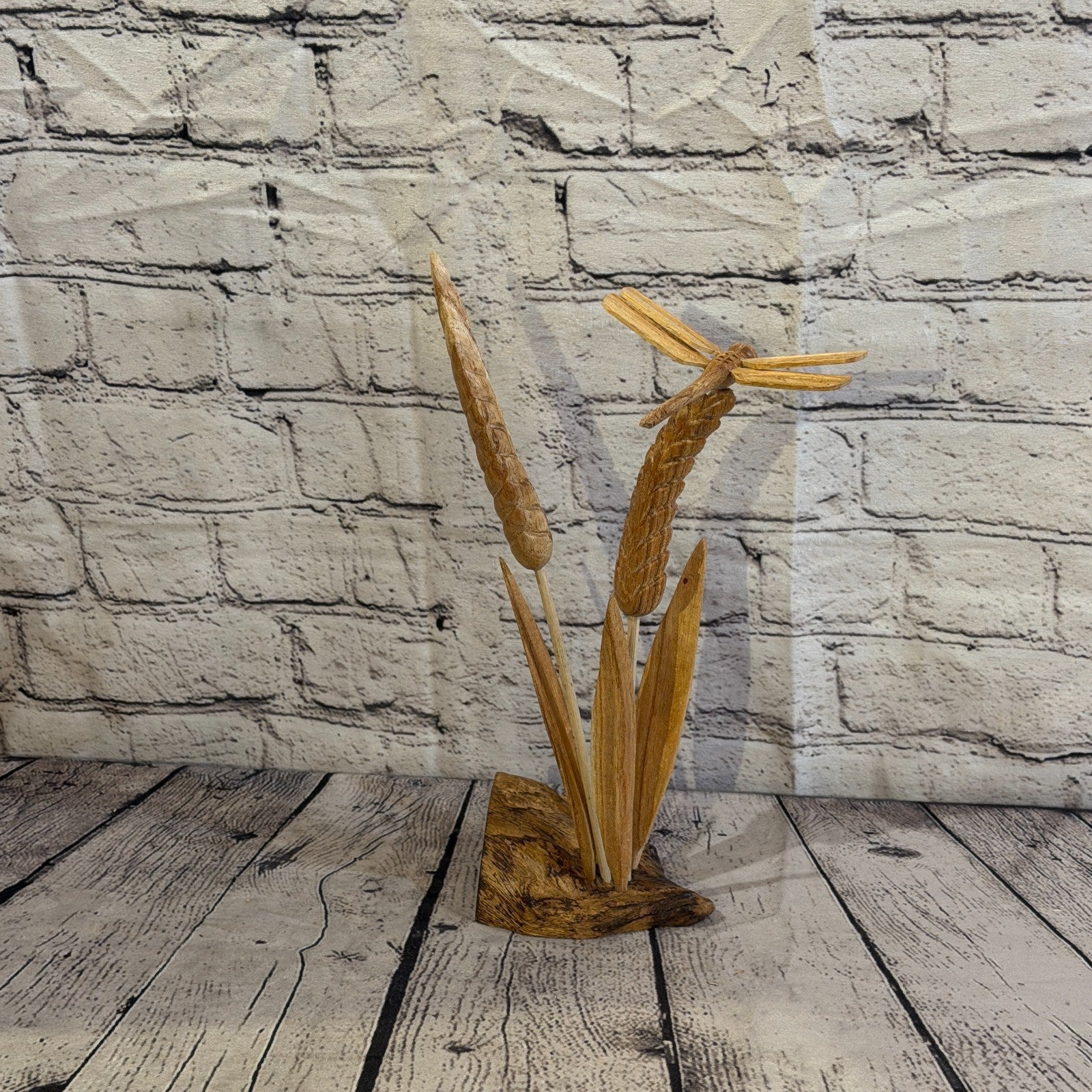 35cm Dragonfly Wheat Reeds Stand Parasite Wood Ornament Natural Carving Wooden2
