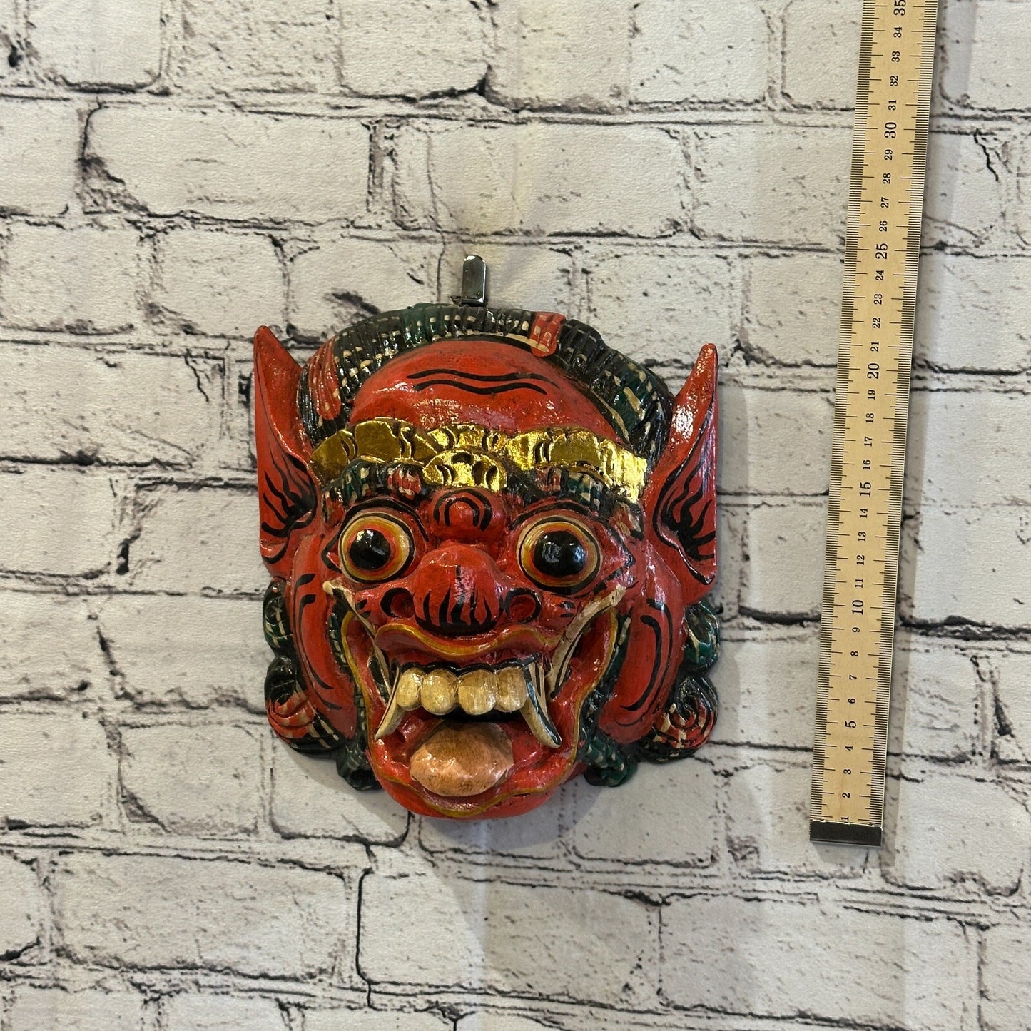 Large Wooden Red Barong Wall Mask 20cm x 20cm Handmade And Fairtrade Hindu3