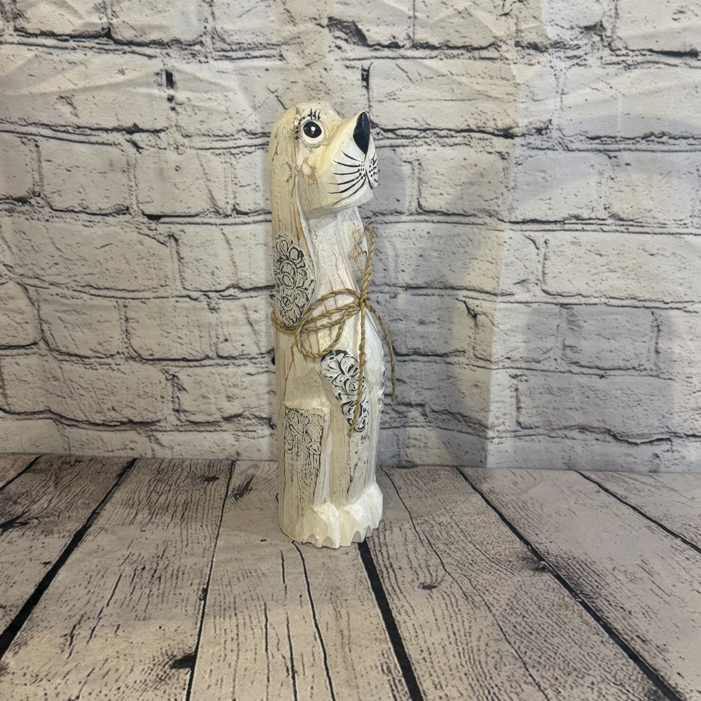 30cm White Wooden Shabby Dog Statue Ornament Fair Trade Handcarved2