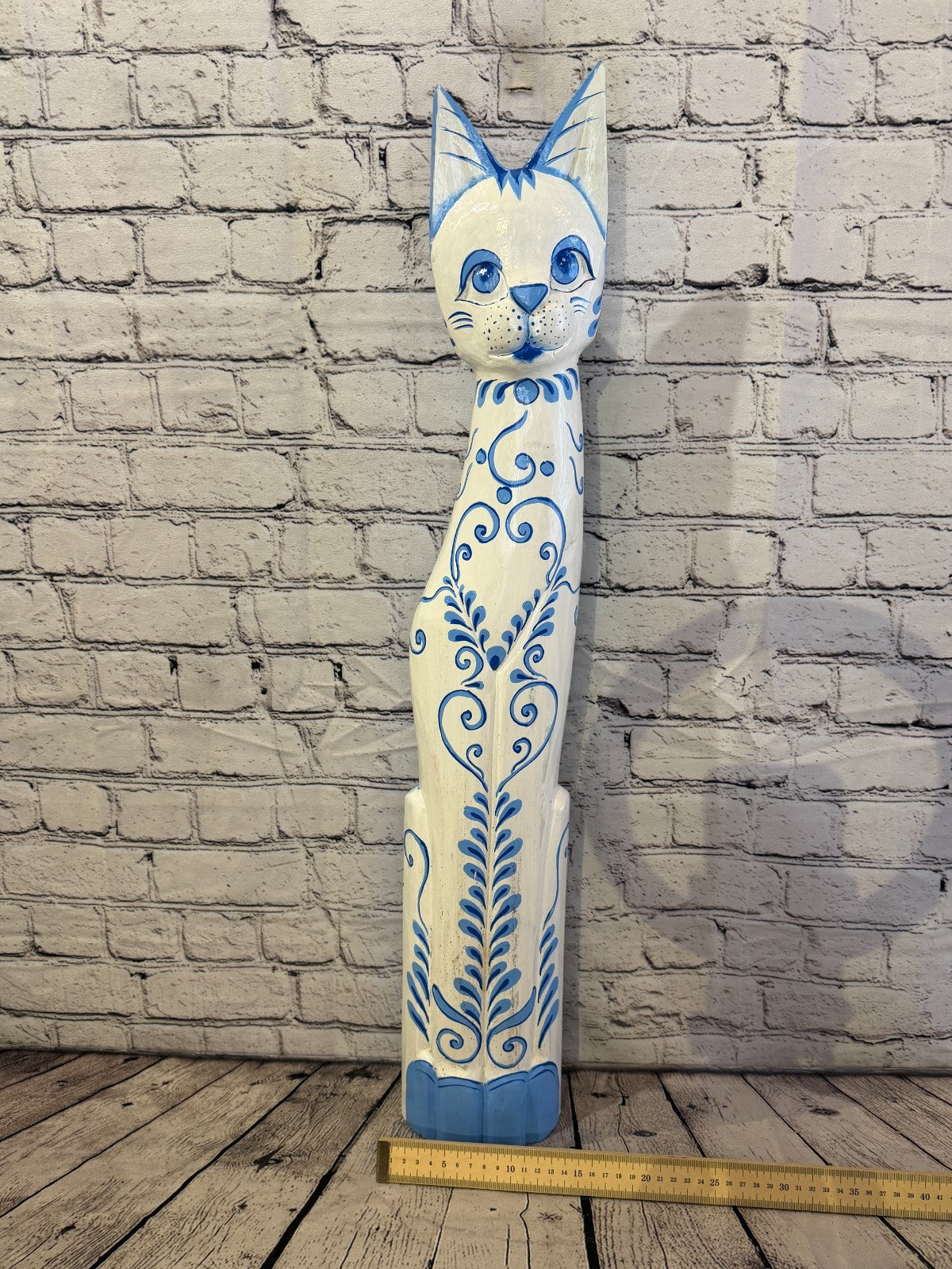80cm Blue White Flower Wooden Shabby Cat Statue Ornament Fair Trade Handcarved6